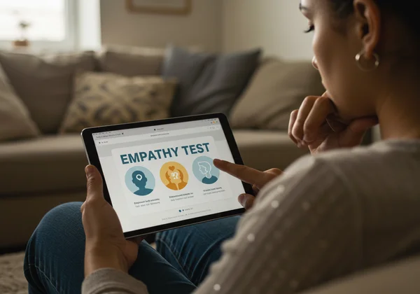 Person reflecting while taking an online empathy test.