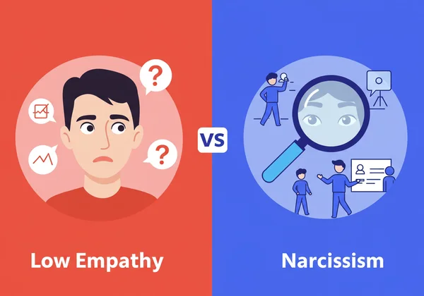 Visual contrast: low empathy (open to growth) vs. narcissism.