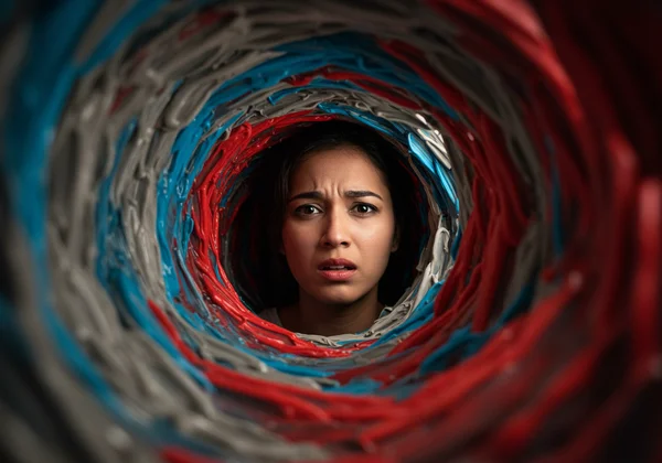 Person feeling overwhelmed by swirling, abstract emotions