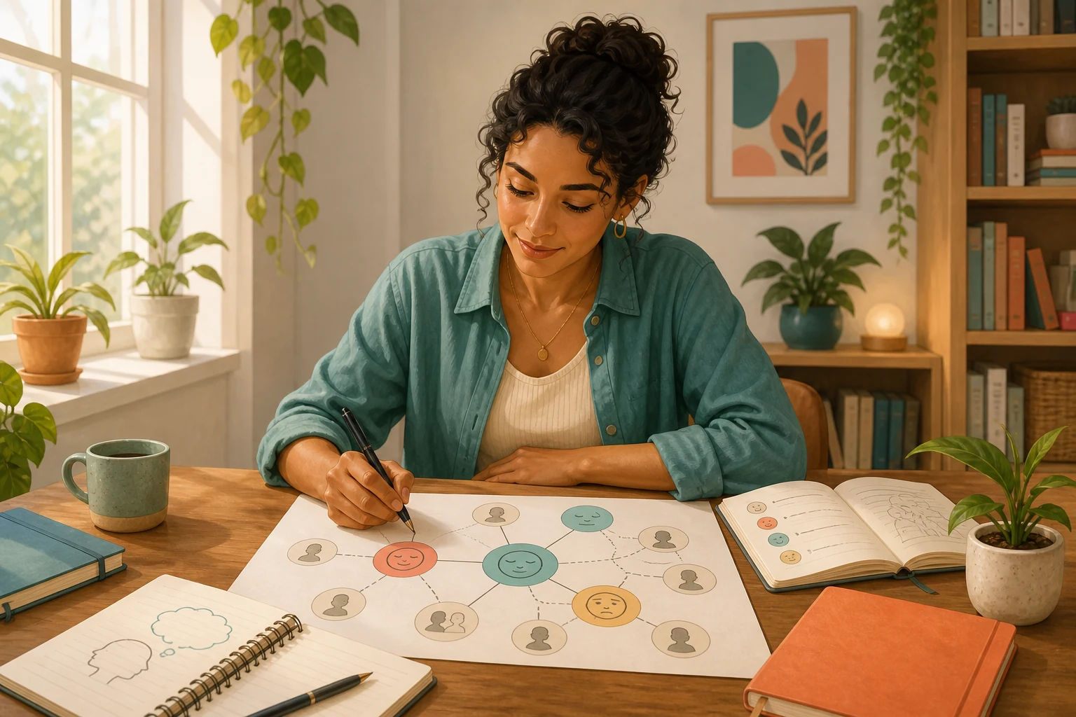Person mapping emotions calmly